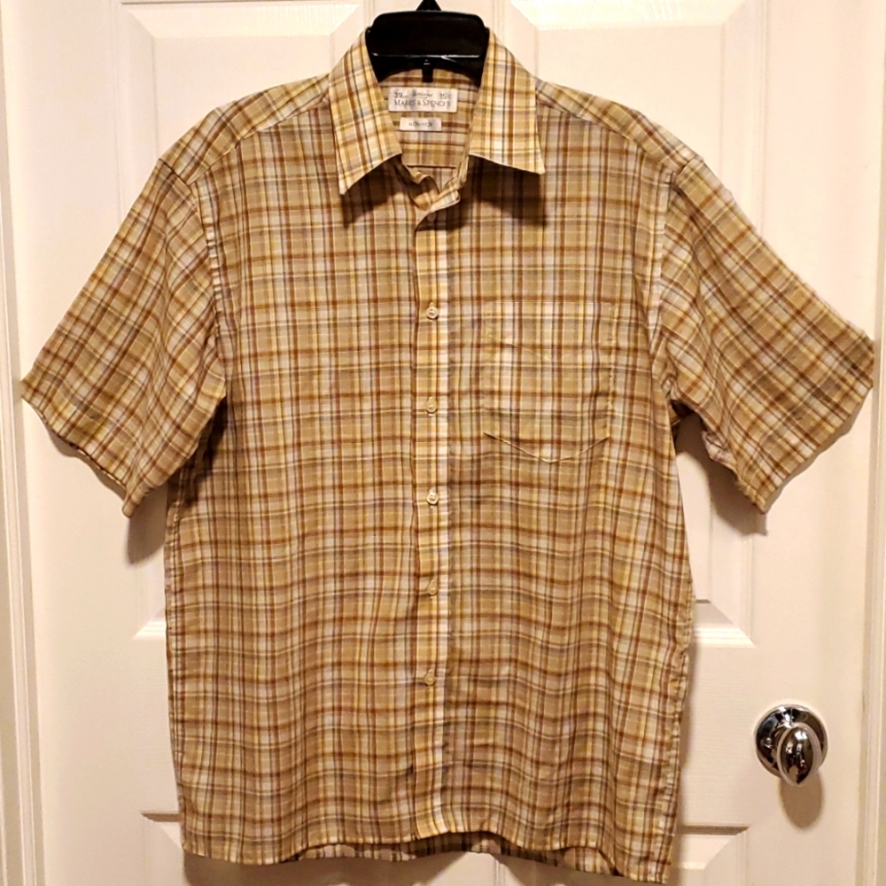 St Michael From Marks & Spencer Non-Iron Men's Plaid Short Sleeve Shirt - 15 1/2